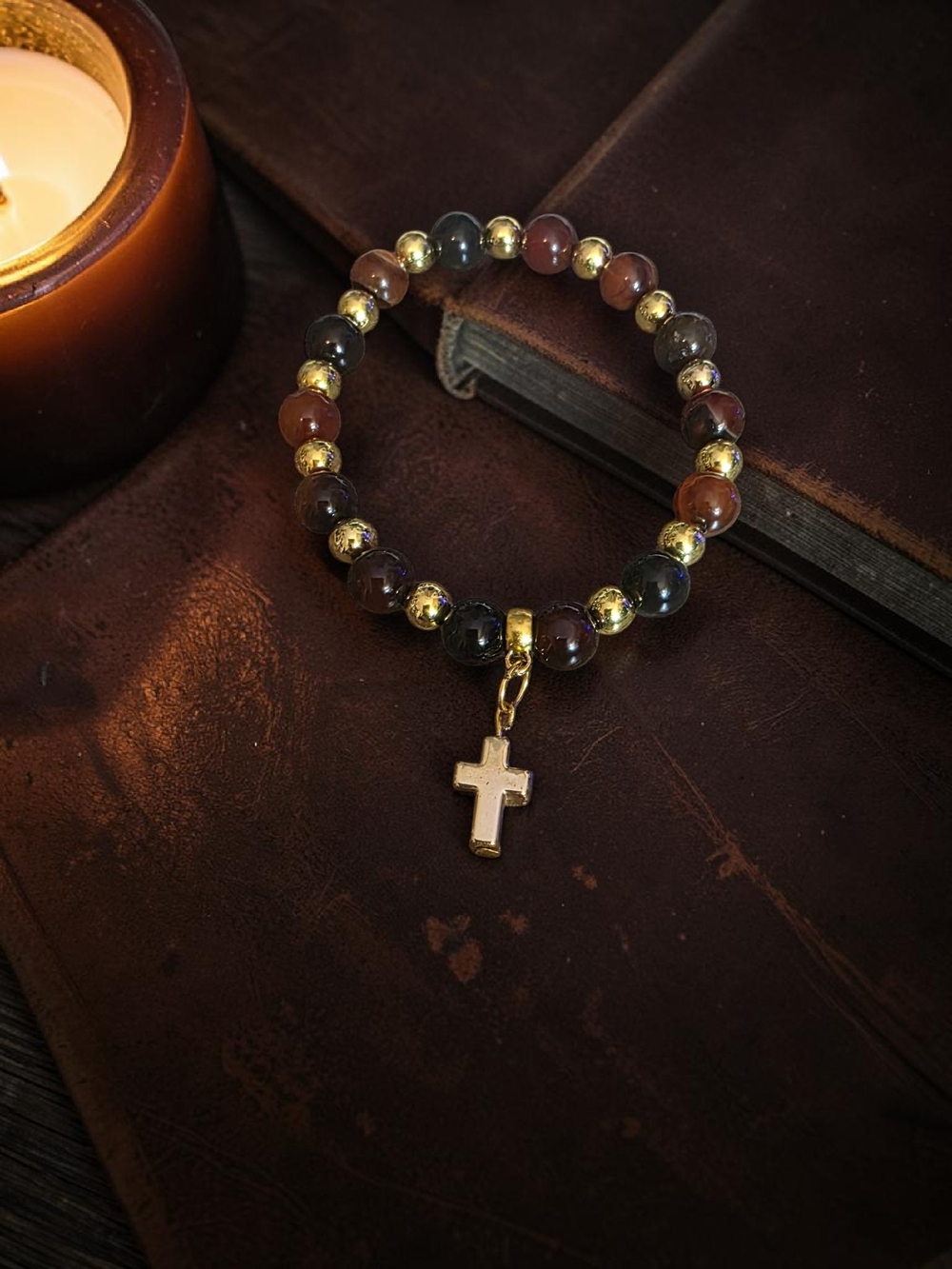 Styleandstone Picasso Jasper Gold  Cross Charm Stretch Bracelet